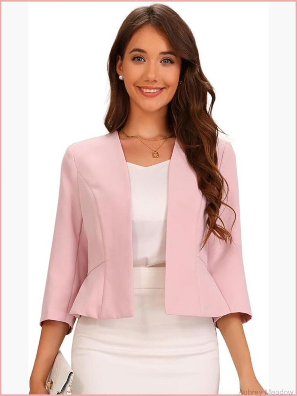 Collarless Cropped Peplum Blazer 3/4 Sleeve Open Front Business Suit Jacket